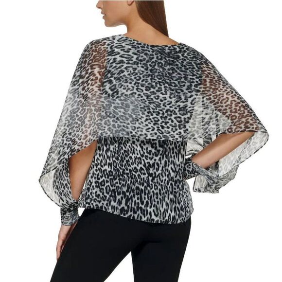 DKNY Black/White Leopard  Cape Blouse - Picture 2 of 15